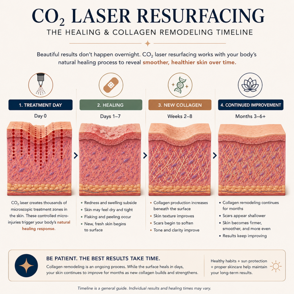 Timeline illustrating the collagen remodeling process following CO2 laser resurfacing.