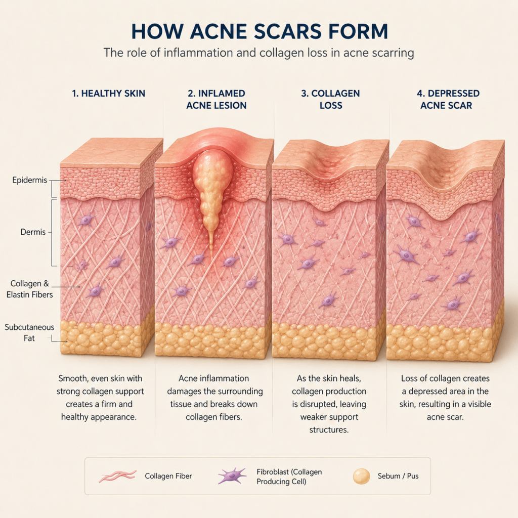 "Cross-section illustration showing how acne inflammation leads to collagen loss and depressed acne scar formation