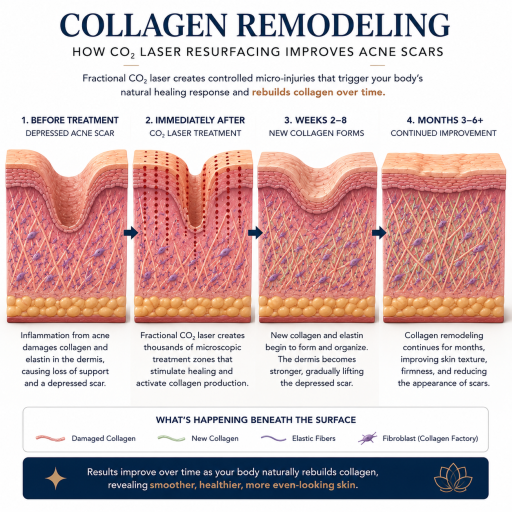Illustration demonstrating collagen remodeling beneath a depressed acne scar following fractional CO2 laser resurfacing