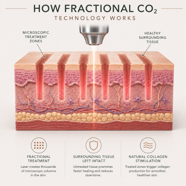 Illustration demonstrating how fractional CO2 laser technology creates microscopic treatment zones while leaving surrounding tissue intact