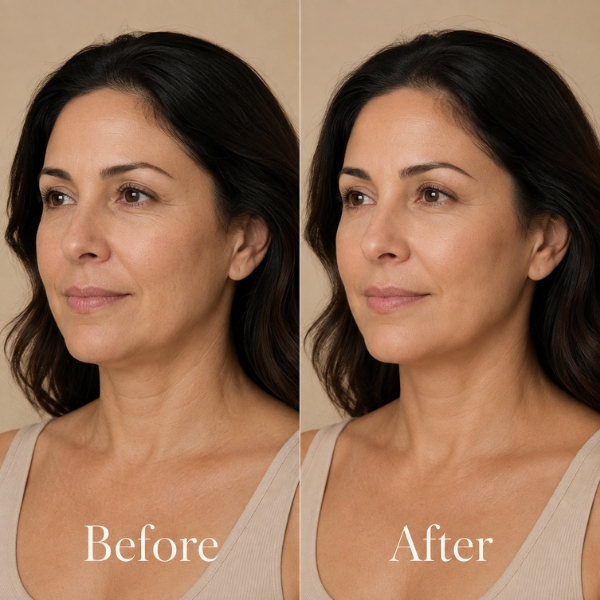 Before-and-after comparison showing firmer-looking facial skin, improved jawline definition and smoother texture after Forma radiofrequency treatment.