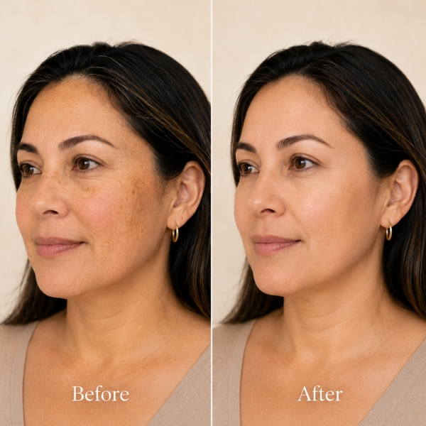 Before-and-after comparison showing reduced visible sunspots, pigmentation and facial redness following Lumecca Peak IPL treatment.