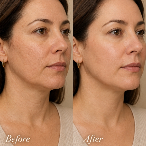 Before-and-after comparison showing smoother skin texture, reduced acne scarring and pores, and firmer-looking facial skin after Morpheus8 Burst RF microneedling.