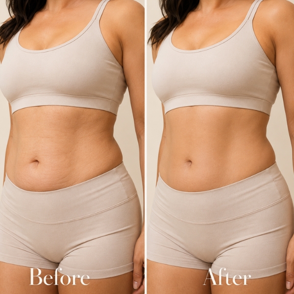 Before-and-after comparison showing smoother, firmer-looking abdominal skin and improved texture after Morpheus8 MAX Body treatment.