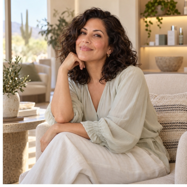 A woman relaxing in a bright Tucson medspa lounge, with skincare products displayed on shelves behind her.