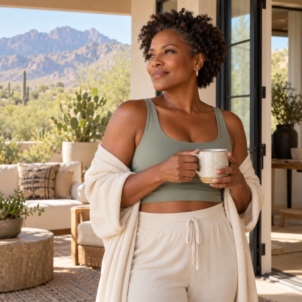 Woman in athletic wear enjoying coffee on her Tucson patio, with desert landscaping and mountains in the background.